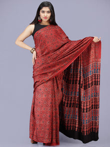 Crimson Red Indigo Black Ajrakh Hand Block Printed Modal Silk Saree - S031704228