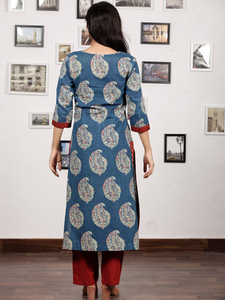 Indigo Green Red Ajrakh Hand Block Printed Kurta in Natural Colors - K121F846