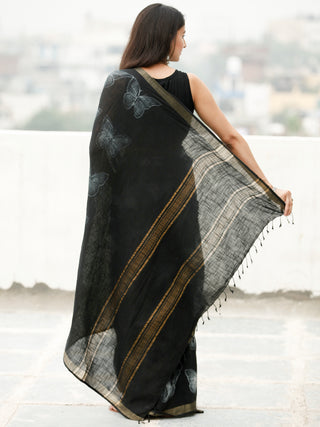 Black White Shibori Hand Block Printed Handwoven Linen Saree With Zari Border - S031704036