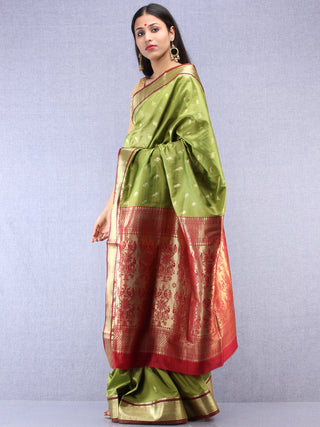 Banarasee Art Silk Saree With Zari Work- Light Green Gold & Maroon - S031704410
