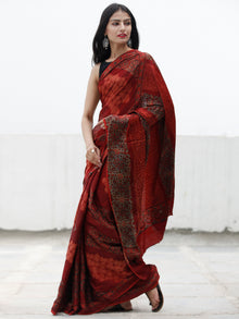 Red Black Indigo Beige Ajrakh Hand Block Printed Modal Silk Saree in Natural Colors - S031703703