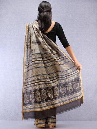 Ivory Black Hand Block Printed Chanderi Saree With Geecha Border - S031704518