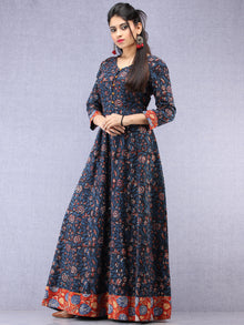 Nazmin - Hand Block Printed Long Cotton Dress With Back Knots  - D162F1301