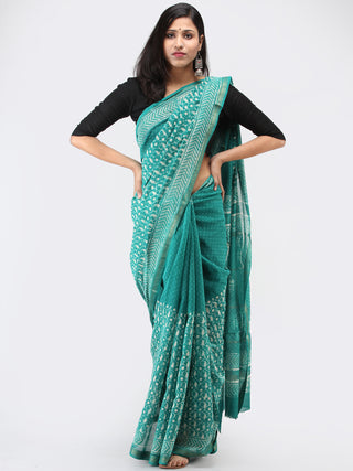 Teal Green White Maheshwari Silk Hand Block Printed Saree With Zari Border - S031704464