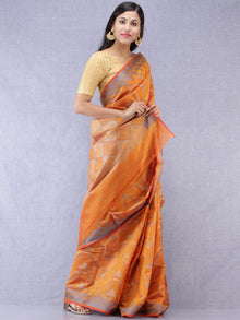 Banarasee Chanderi Silk Saree With Resham Work - Ginger Orange & Grey  - S031704317