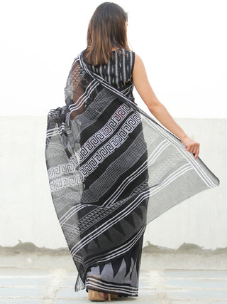 Black Grey Hand Block Printed Kota Doria Saree  - S031704077