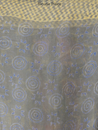Grey Yellow Hand Block Printed Chiffon Saree with Zari Border - s031704108