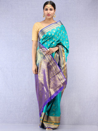 Banarasee Art Silk Saree With Resham Zari Weave - Sea Green Purple & Gold - S031704386