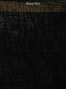 Black White Shibori Hand Block Printed Handwoven Linen Saree With Zari Border - S031704036