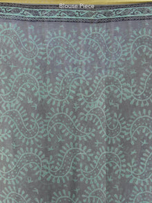 Charcoal Grey Green Hand Block Printed Chiffon Saree with Zari Border - S031703965