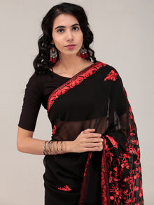 Black Aari Embroidered Georgette Saree From Kashmir - S031704633