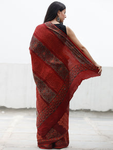 Red Black Indigo Beige Ajrakh Hand Block Printed Modal Silk Saree in Natural Colors - S031703703