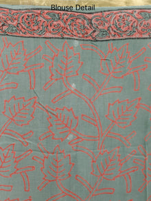 Sage Green Coral Hand Block Printed Chiffon Saree with Zari Border - S031703243