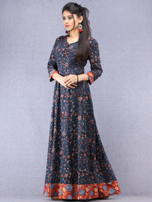 Nazmin - Hand Block Printed Long Cotton Dress With Back Knots  - D162F1301