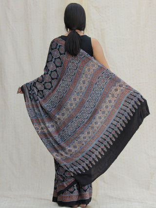 Black Indigo Red Ajrakh Hand Block Printed Modal Silk Saree - S031704124