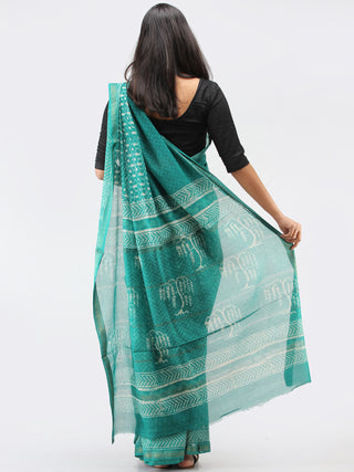Teal Green White Maheshwari Silk Hand Block Printed Saree With Zari Border - S031704464