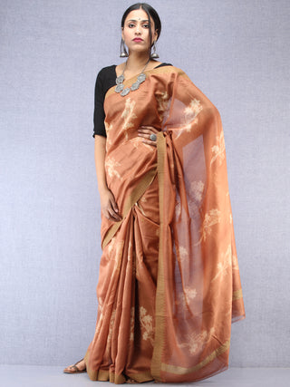 Light Brown Ivory Chanderi Hand Block Printed Saree With Geecha Border - S031704489