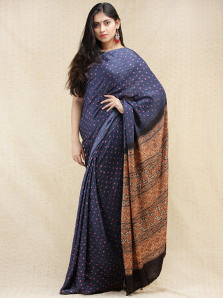 Indigo Pink Rust Bandhej Modal Silk Saree With Ajrakh Printed Pallu & Blouse - s031704140