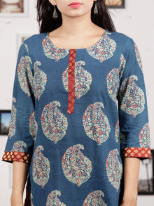 Indigo Green Red Ajrakh Hand Block Printed Kurta in Natural Colors - K121F846