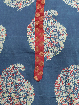 Indigo Green Red Ajrakh Hand Block Printed Kurta in Natural Colors - K121F846