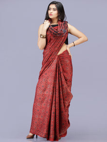 Crimson Red Indigo Black Ajrakh Hand Block Printed Modal Silk Saree - S031704228