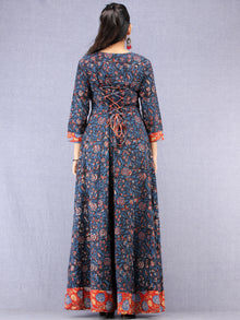 Nazmin - Hand Block Printed Long Cotton Dress With Back Knots  - D162F1301