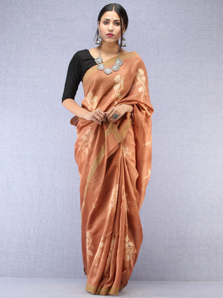 Light Brown Ivory Chanderi Hand Block Printed Saree With Geecha Border - S031704489