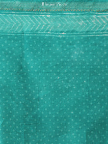 Teal Green White Maheshwari Silk Hand Block Printed Saree With Zari Border - S031704464