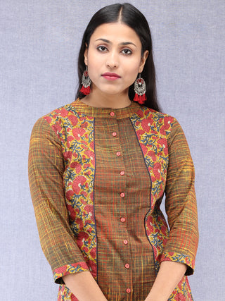 Mustard Pink Indigo Hand Block Printed Kurta With Round Collar  - K199F1373