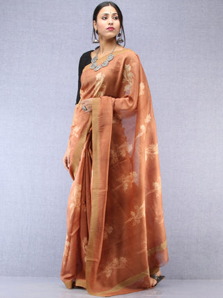 Light Brown Ivory Chanderi Hand Block Printed Saree With Geecha Border - S031704489