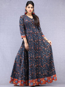 Nazmin - Hand Block Printed Long Cotton Dress With Back Knots  - D162F1301
