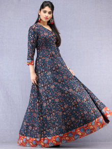 Nazmin - Hand Block Printed Long Cotton Dress With Back Knots  - D162F1301