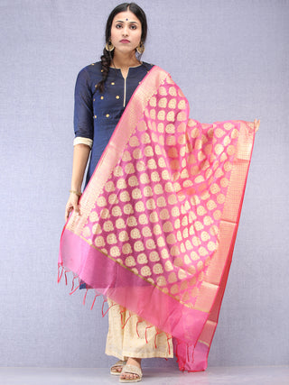 Banarasi Chanderi Dupatta With Resham Work - Pink & Gold - D04170801