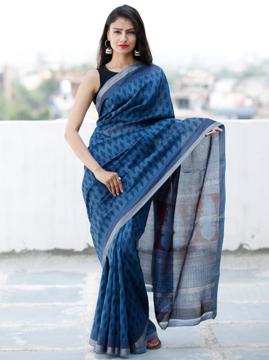 Blue Rust Black Bagh Hand Block Printed Maheswari Silk Saree With Resham Border - S031703837