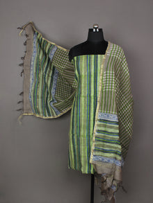 Lime Green Grey Ivory Blue Hand Block Printed Chanderi Silk Kurta & Chanderi Dupatta Fabric Set of 2 - S1628200