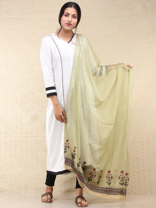 Light Olive Green Red Hand Block Printed Dupatta  - D04170699
