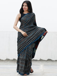 Indigo Black Maroon Ivory Ajrakh Hand Block Printed Modal Silk Saree in Natural Colors - S031703704