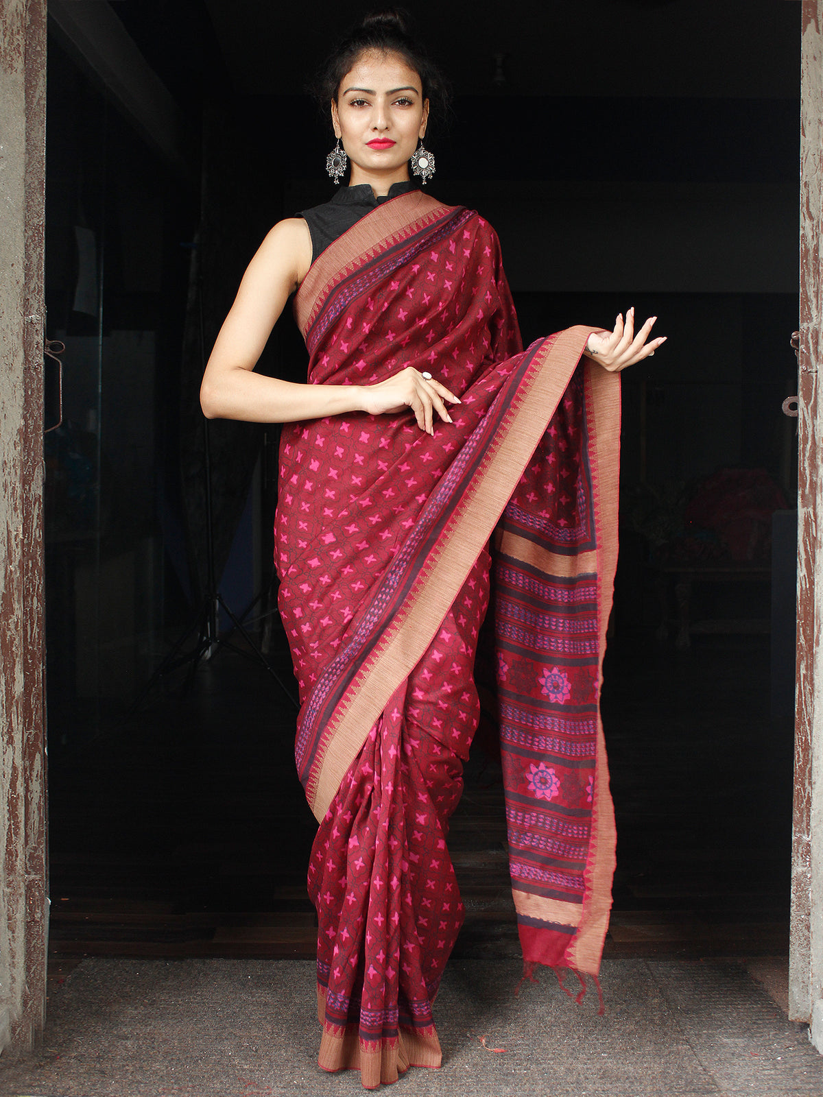 Cherry Red Pink Chanderi Silk Hand Block Printed Saree With Geecha Border - S031704010