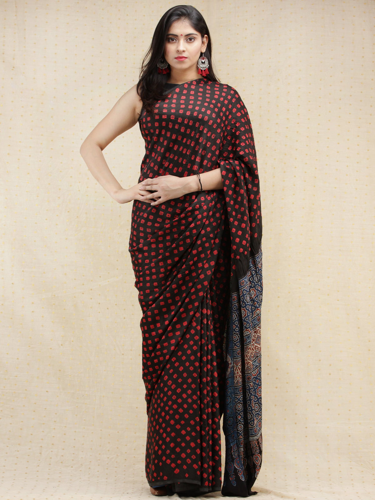 Black Maroon Indigo Bandhej Modal Silk Saree With Ajrakh Printed Pallu & Blouse - s031704141