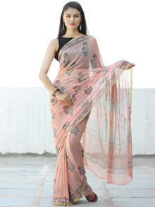 Peach Red Green Hand Block Printed Chiffon Saree with Zari Border - S031703962