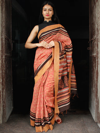 Peach Light Brown Chanderi Silk Hand Block Printed Saree With Geecha Border - S031703991