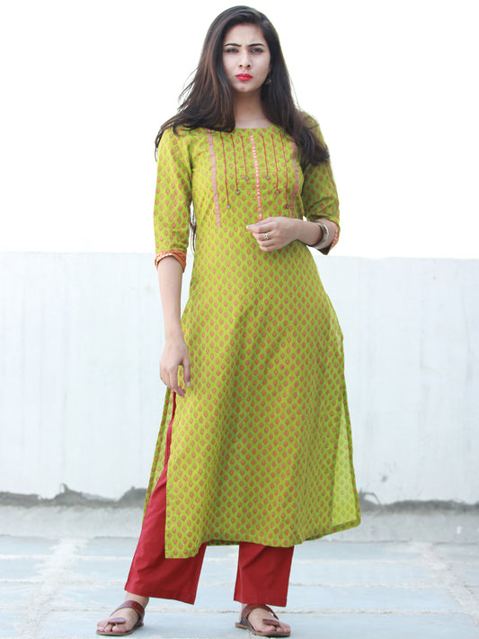 Lime Green Coral South Handloom Cotton Kurta With Embroidery Details - K163FXXX