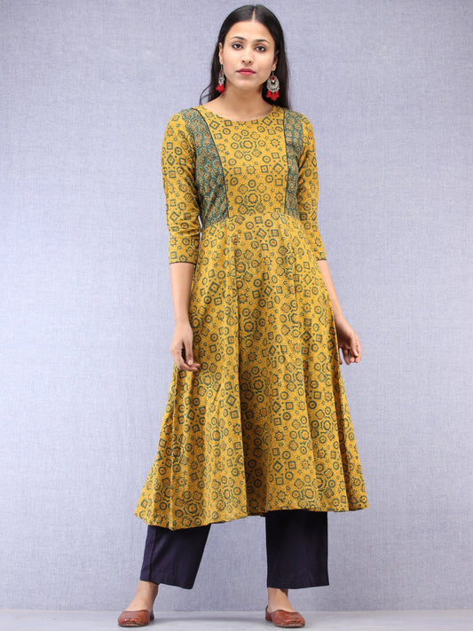 Mustard Green Red Ajrakh Hand Block Printed Cotton Kurta  - K200F1521