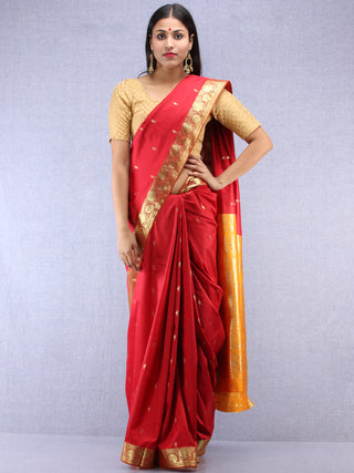 Banarasee Art Silk Saree With Zari Work - Red Yellow & Gold - S031704411