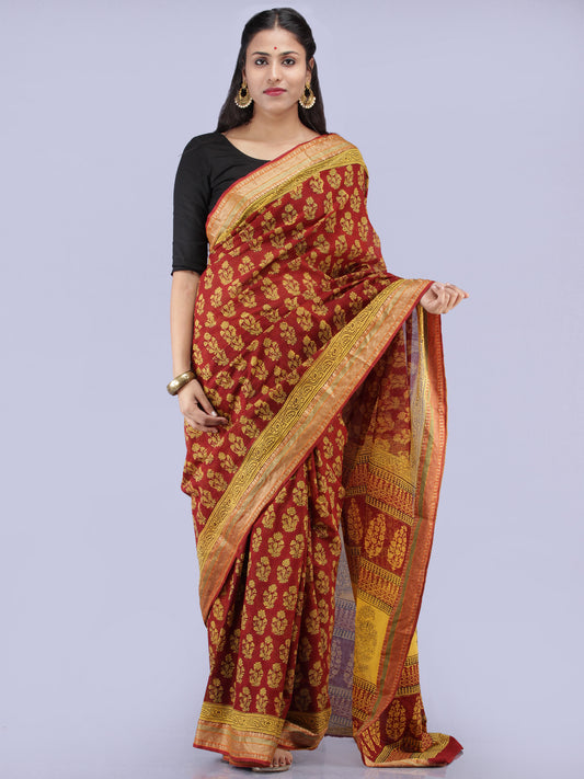 Maroon Mustard Bagh Printed Maheshwari Cotton Saree - S031704242