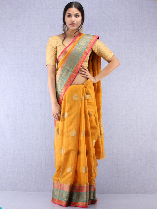 Banarasee Cotton Silk Saree With Zari Work - Mustard Pink Green & Golden - S031704365