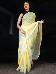 Pastel Yellow Handwoven Linen Saree With Zari Border - S031703451