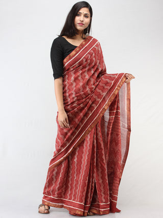 Rosewood Pink White Hand Block Printed Maheshwari Saree With zari Border - S031704465