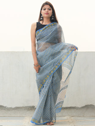 Sky Blue & White Hand Block Printed Kota Doria Saree  - S031704084