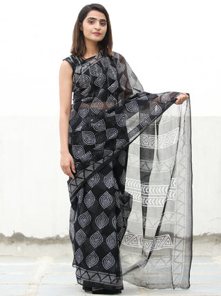 Black & White Hand Block Printed Kota Doria Saree  - S031704078